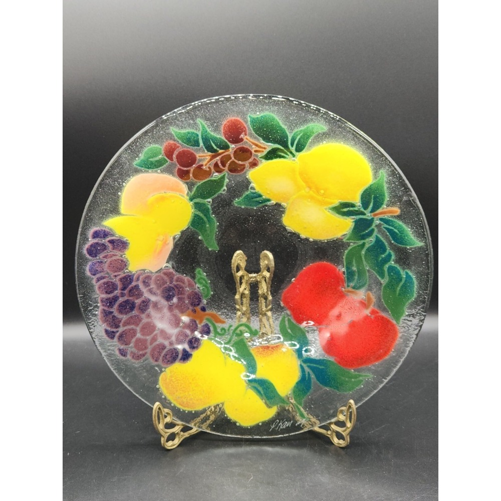 Glass Signed Peggy Carr Fruit Design Bowl 10.5"